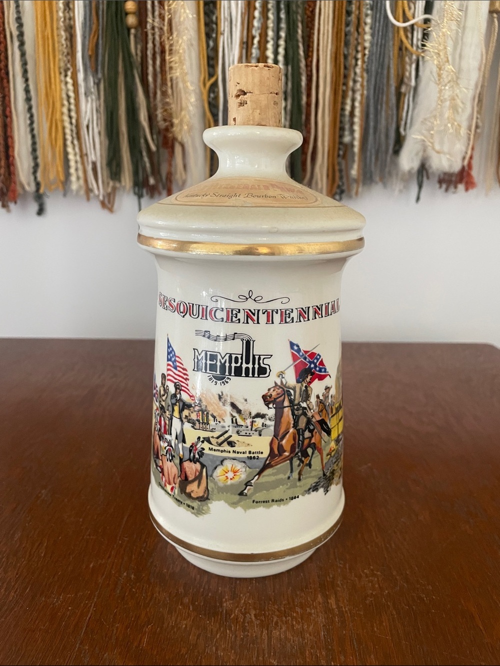 Memphis Sesquicentennial Ceramic Decanter with Cork Lid - White and Gold 1969